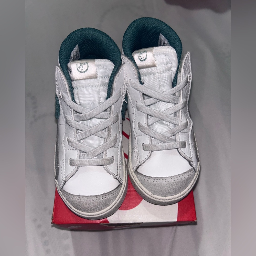 Kids White and Blue/Green Nike Blazers